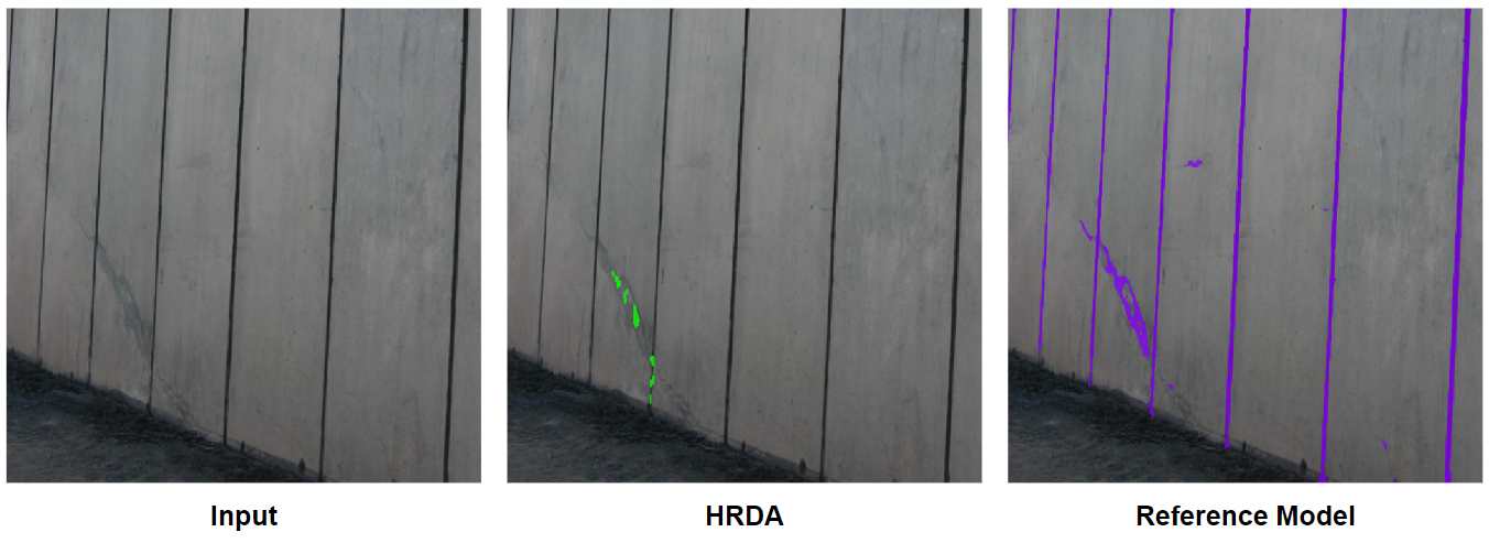 Crack segmentation by HRDA and the reference model, example 2